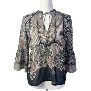 Lucky‎ Brand Boho Whimsigoth Floral Print Tie Neck Bell Sleeve Sheer Blouse XS